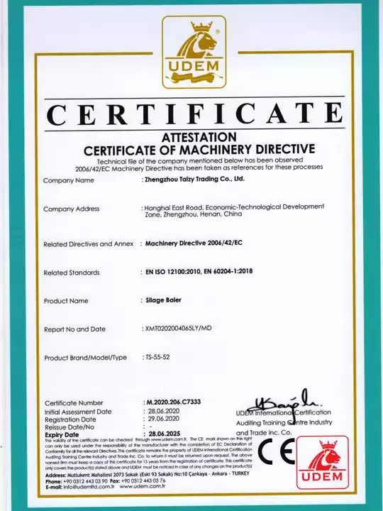 silage baler machine certificate